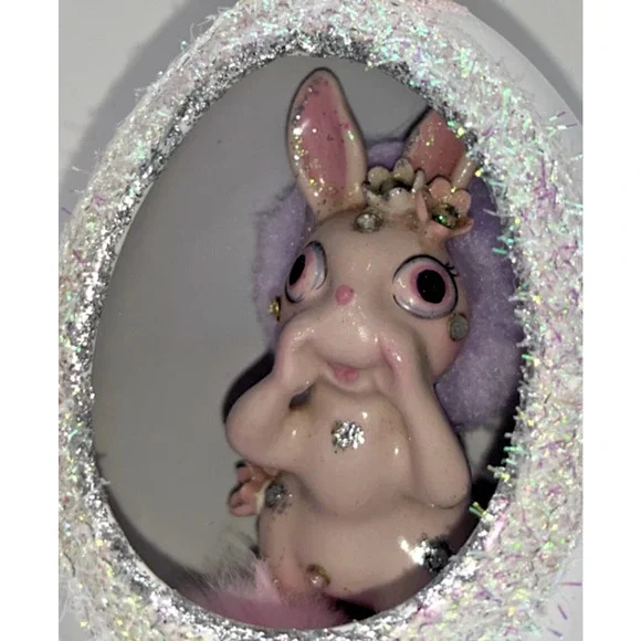 Vintage Ceramic Diorama Egg Pink Rhinestone Bunny Deb O. Original Designs OOAK - Picture 2 of 16